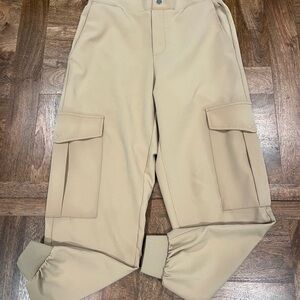 Zara High Waist Jogger Pants Tan Beige Size S Flat Front Elastic Back Cuff Hem